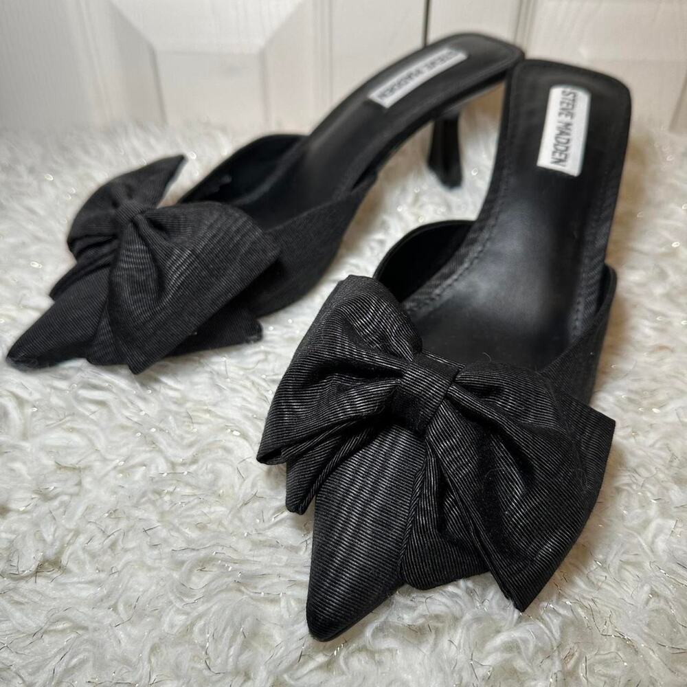 Steve Madden Y2K Black Bow Pointed Toe Mules Kitten Heel Slip On Pumps - Picture 2 of 6